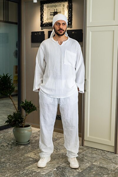 Zeliha Baysan Müslin Erkek Bol Hac Umre Namaz Takım Beyaz