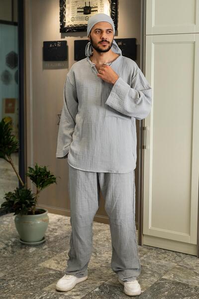 Zeliha Baysan Müslin Erkek Bol Hac Umre Namaz Takım Gri