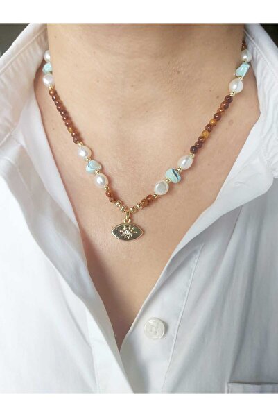 DEVİ fashion قلادة بنية بتصميم خاص من حجر الفيروز الأزرق الطبيعي