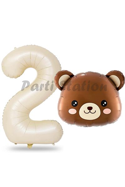 Parti Station 2 Year Old cute Teddy Bear Head Balloon Set - Woodland concept, Bear and cream color
