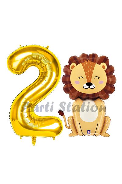 Parti Station 2 Year Old Lion Balloon Set - Safari Concept, Gold Color Number Balloon
