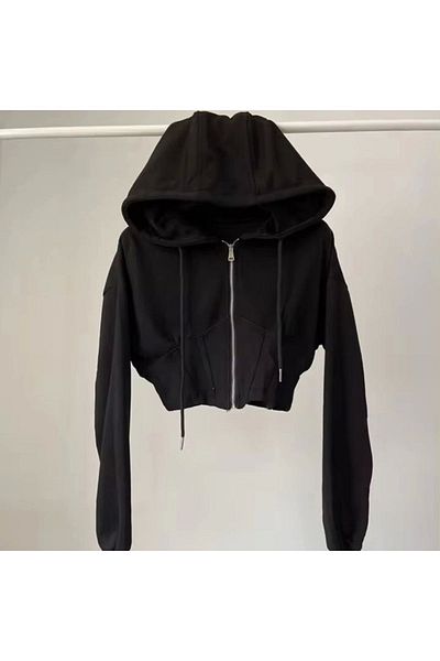 Gofeel New Zippered Black Crop Corset Cardigan