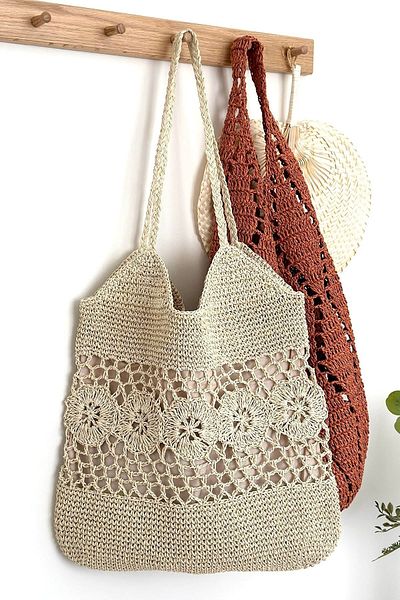 BECCASTYLE Large Shoulder Floral Patterned Tote Bag - Straw Macrame Beach Bag