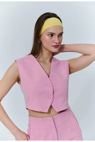Quzu Button Detailed Short Vest Jacket Pink