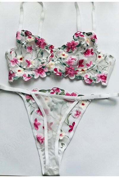 My secret Beyaz Çiçekli Brode Sütyen Takımı