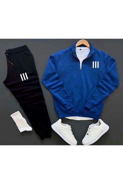 NewCabin Set de trening din bumbac imprimat negru - Set de 2 cu jumătate de fermoar