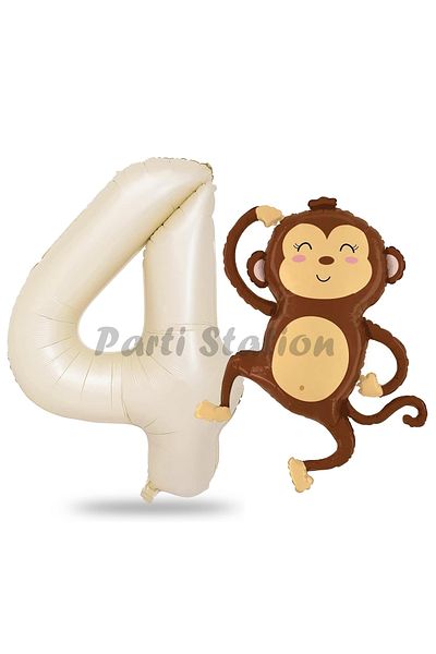 Parti Station 4 Year Old Safari Monkey Balloon Set - Cute and Cream Colored Number Balloon