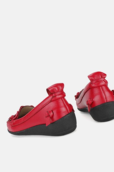 TUNAELLİ Women's Red Genuine Natural Leather Daily Ballerina Shoes