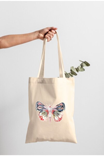 bezçantadünyası Kelebek Baskılı Ham Bez Çanta