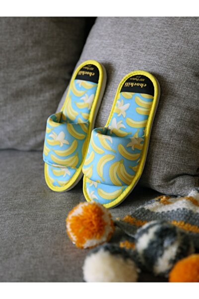 Chochili Unisex Muz Desenli Ev Terliği Yumuşak Tabanlı Önü Açık