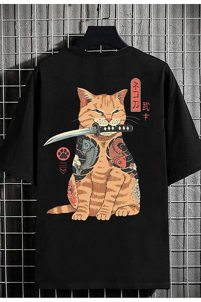 DEEPSENCE Ανδρικό μπλουζάκι με στάμπα Samurai Cat, Oversize, πολύχρωμο
