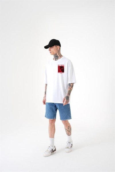 DEEPSENCE Men's Oversize White T-Shirt Loose Fit Basic Printed Cotton