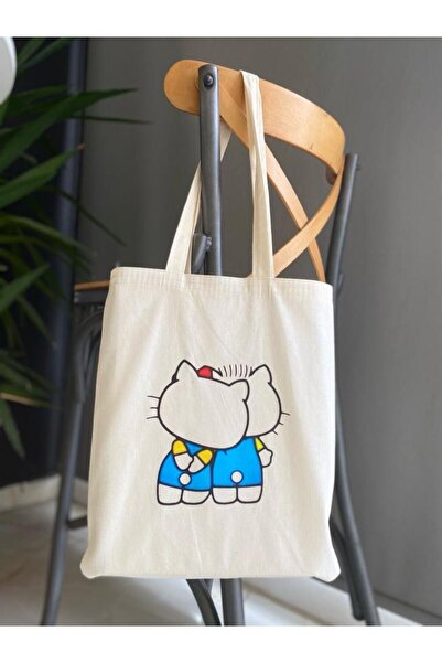 bezçantadünyası حقيبة قماش مطبوعة على شكل قطط لطيفة
