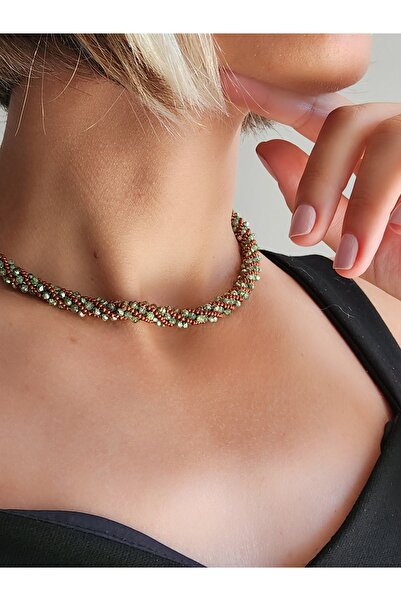 Eva Takı Etnik Bohem Sarmal Dönmeli Model Kristal YeşTaşlı Kristal Boncuk Kolye