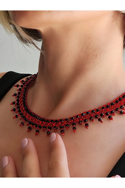 Eva Takı Etnik Bohem Kırmızı Siyah Salkım Model Kum Kristal Boncuk Kolye El Y...