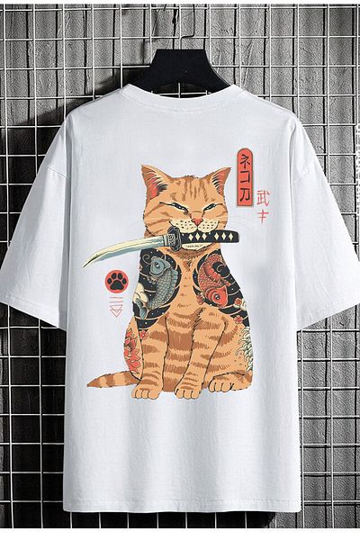 DEEPSENCE Ανδρικό μπλουζάκι με στάμπα Samurai Cat, Oversize, πολύχρωμο