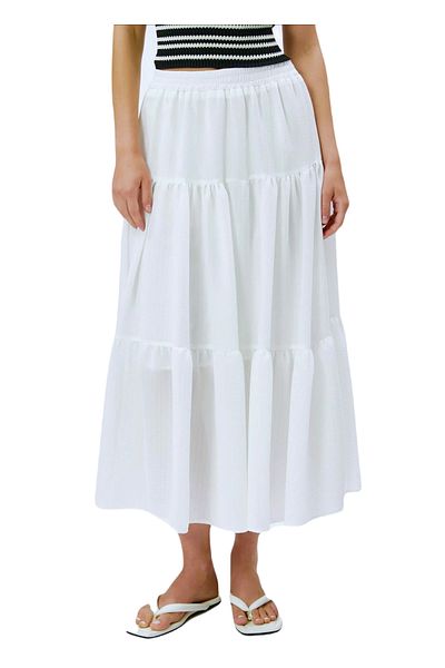 Kahra Collection ComFortable Midi Skirt - White, Layered, RuFFled and Pleated Flounce