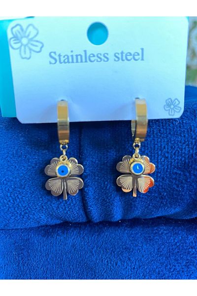 İpozi Yonca Evil Eye Beaded Steel Earring