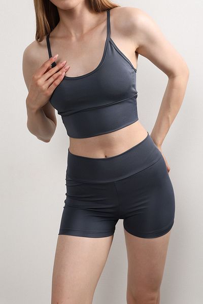 missmaral High Waist Anthracite Mini Shorts Boxer and Padded Rope Strap Bustier Sports Set - 3080
