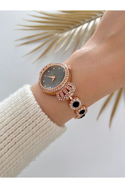 Arzu Butik Black Stone Vintage Women's Wristwatch - Metal Cord