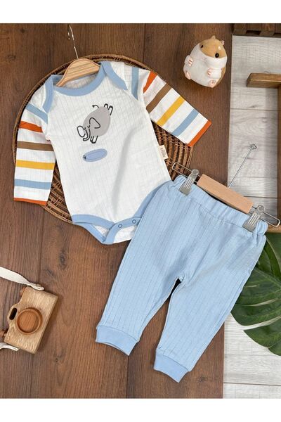 Bolly Baby Fil Figürlü Şeritli Alttan Çıtçıtlı Badi Erkek Bebek Takım