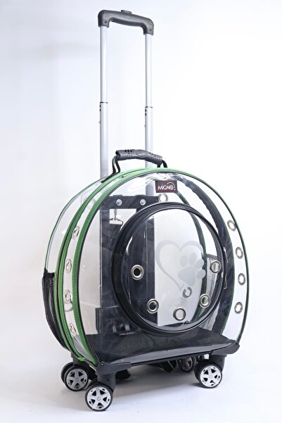 Migno Şeffaf Kedi Köpek Taşıma Valizi Çekçekli Sırt Çantası Tekerlikli Model Büyük Boy Yeşil