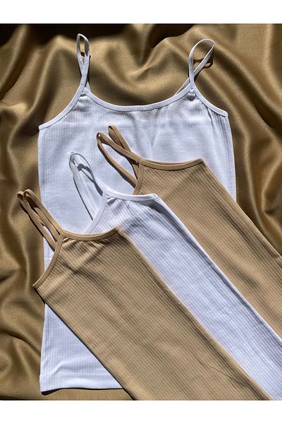 LEYNA BUTİK Corduroy, Cotton, Lycra, 4 Women's Rope Strap Ribbed Undershirt (2 Skin - 2 White)