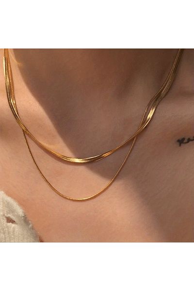 Foxyn Fxn-09S Stylish 2 Pieces Short Plain Minimalist Trendy Style Layered Stainless Steel Necklace