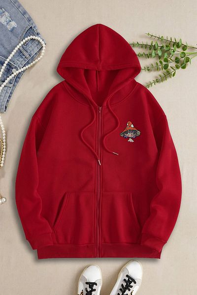 macklin Women's Mushroom Girl Printed Hooded zippered Sweatshirt Fleece JacKet