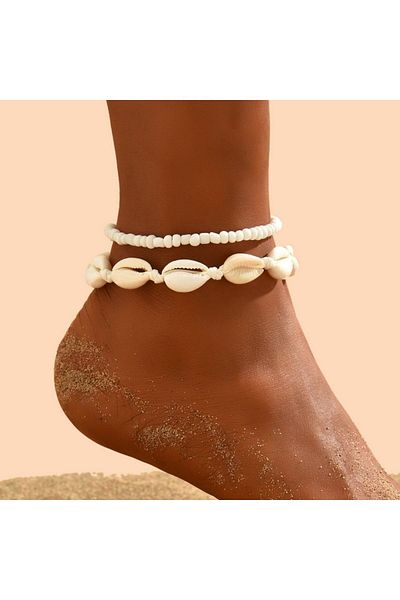 Major Butik Seashell Beaded Two Row Leather String Anklet Bracelet Cream