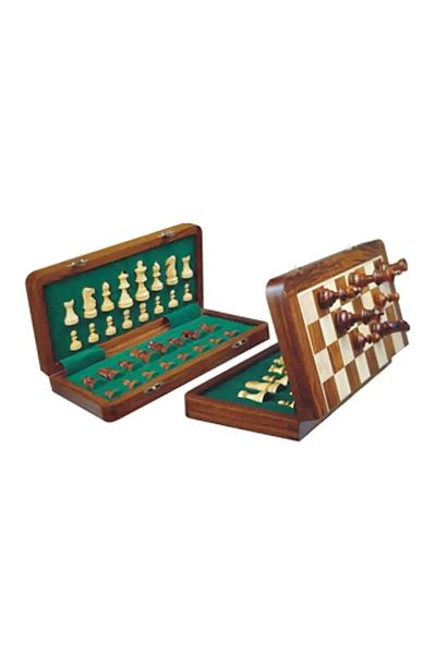 Sarego Special Wooden Production and Chess Set with Magnet Stone Foldable Natural Handmade Mahogany Wood Small Size