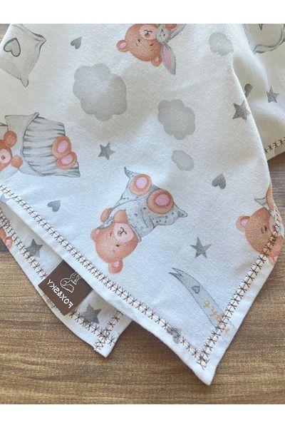 Fox&Sky 100% Organic Cotton Embroidered Flannel Baby Blanket 80X120 cm – White Beige – Multi-Purpose Blanket