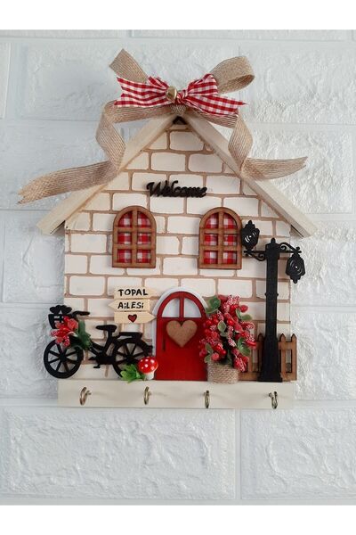 PSAcraft Psacraft Hediye Çeyizlik Taş Desenli Kurdeleli Ahşap 23 X 25 Mdf Anahtarlık Askısı