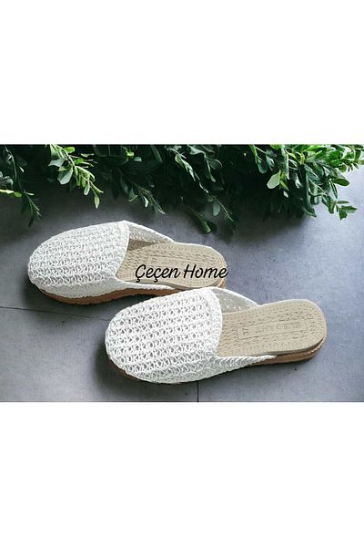 ÇEÇEN HOME Γυναικείες ψάθινες παντόφλες Μπεζ κλειστό μπροστινό διχτυωτό πλεκτό κέντημα Λεπτομερές κομψό καλοκαιρινό σπίτι Παντόφλες για διακοπές στην παραλία