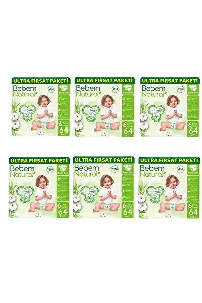 Bebem Natural Bebek Bezi 6 Beden Ultra Fırsat Paketi 384'lü (64X6)