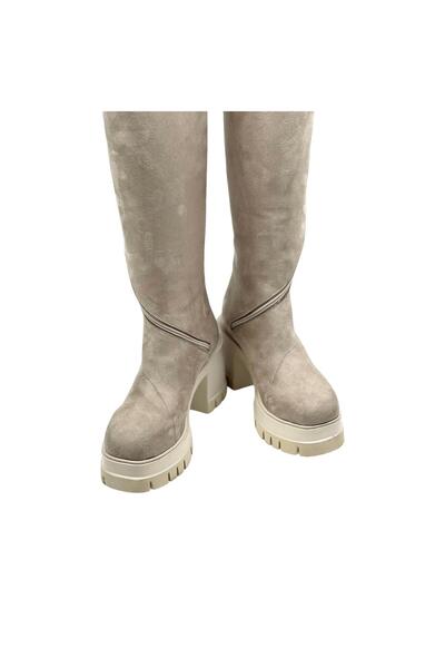 bescobel Beige Suede High Heel Boots - Side Zipper, 9 Cm