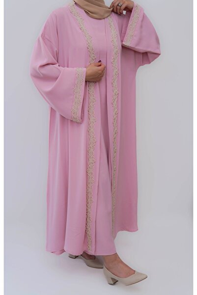 SAİS Fashion Kadın Tesettür Dantelli Uzun abaya - Iki Parça Takım Ve Kemerli (büyük Beden Uyumlu