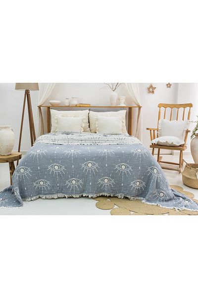 MEET MAYA NATURAL Cuvertură de pat supradimensionată din muselină cu model de ochi, piqué, husă de scaun, pătură 240x260 cm