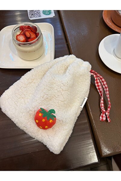 Sumicorn Design Peluş Çilek Pötikareli Astarlı Büzgülü Ipli Düzenleyici Kese Makyaj Çantası Bez Poşet Ekru