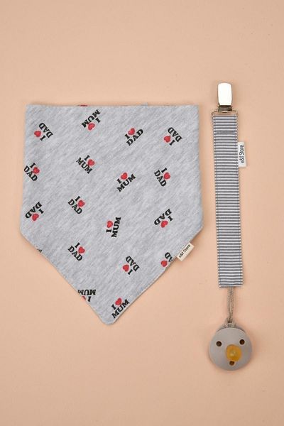 e&f Store Triangle Cotton Bib and 100% Cotton Gray and White Striped Pacifier Strap Set