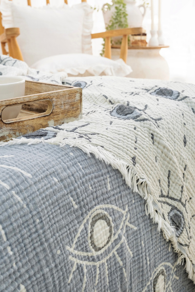 MEET MAYA NATURAL Покривало для ліжка, піке, покривало для дивана, ковдра з візерунком «Око» з мусліну, розмір 240x260 см