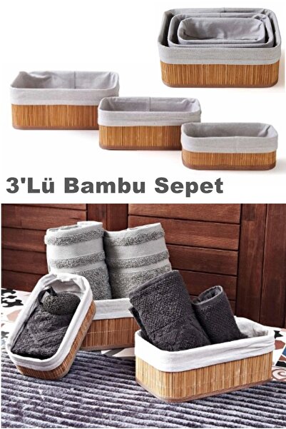 Kitchen Beauty Premium 3'lü Bambu Sepet Banyo Düzenleyici Çok Amaçlı Bambu Se...