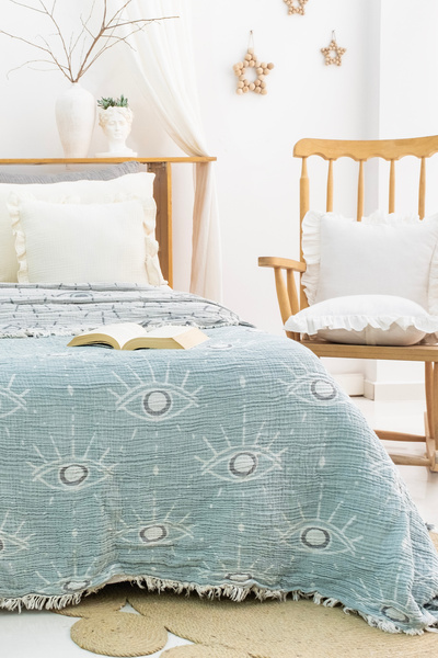 MEET MAYA NATURAL Muslin Patterned Oversize Bedspread - Pique, Sofa Cover, Blanket