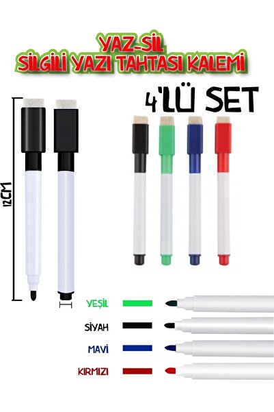 Dünya Magnet 4 Adet - Renkli Yaz-sil Yazı Tahtası Kalemi, Silgili Mıknatıslı ...