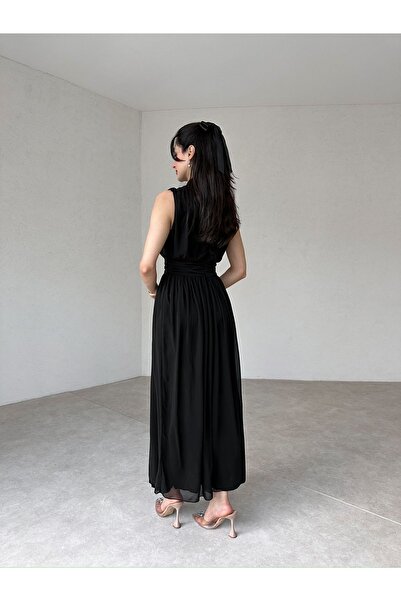 popibutik Sıfır Kol Gögüs Drapeli Uzun Siyah Şifon Elbise