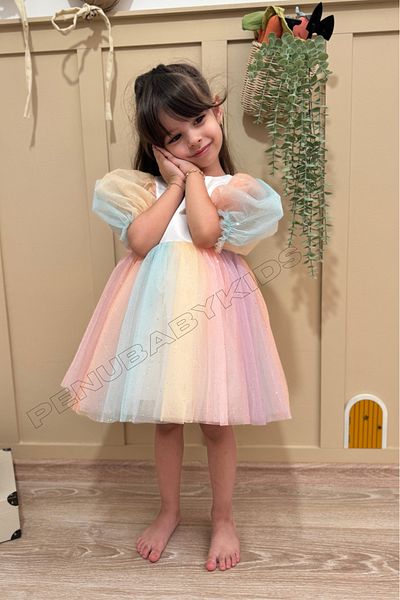 penu baby kids Matte Satin Baby Girl Dress - Color Transition and Glitter Balloon Sleeve