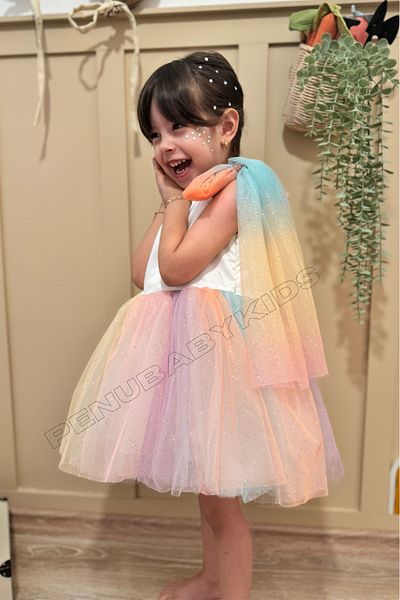 penu baby kids Πολύχρωμο κοριτσίστικο φόρεμα με στάμπα με έναν ώμο