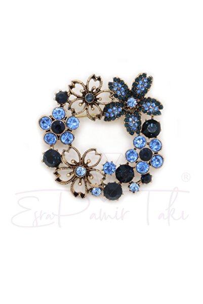 Esra Pamir Lacivert Zirkon Taş Çiçekli Çelenk Broş