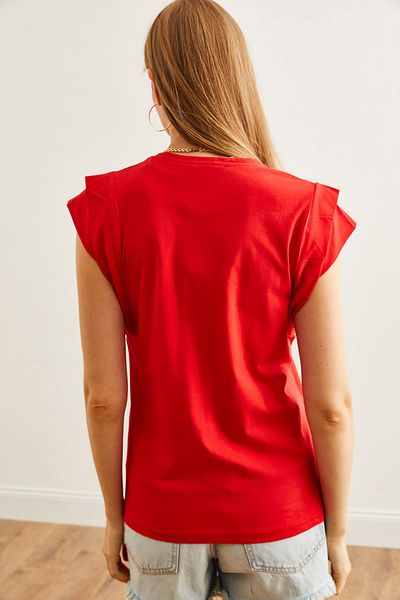 Olalook Rotes Damen-T-Shirt aus Baumwolle – Ärmeldetails TSH- 19000819