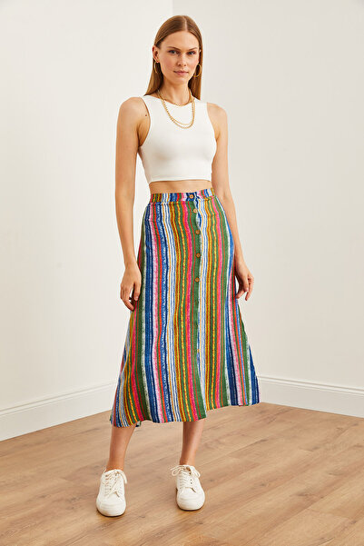 Olalook Colorful StripeD Viscose Women's Skirt - ButtoneD, ETK- 19000273